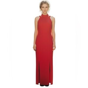 Red Nylon Acetate Satin Halter Maxi Dress  Size 9 Side Slit Formal Evening Y2K